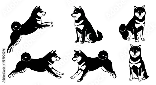 Shiba Inu Dog Poses Collection: Black and Tan Breed Silhouette, Playful and Sitting
