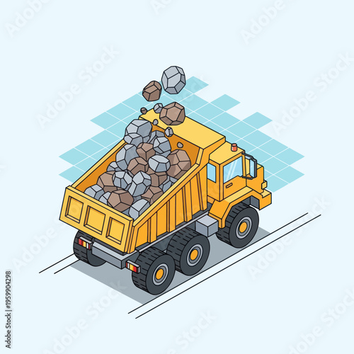 Heavy-duty dump truck actively unloading a pile of rocks.