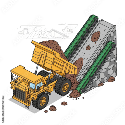 Heavy-duty dump truck unloading soil onto a conveyor belt system.