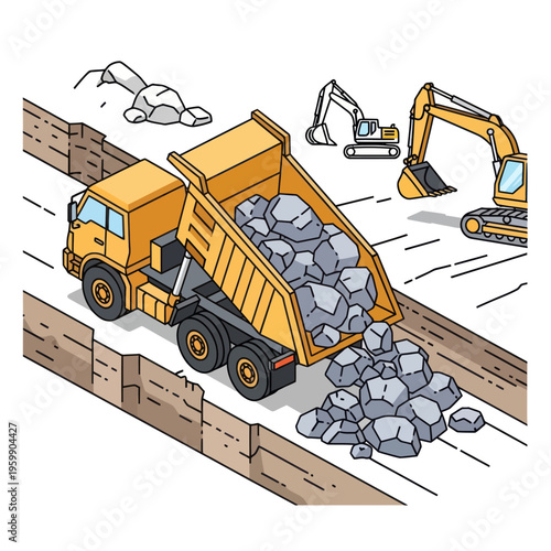 Heavy-duty dump truck unloads rocks at construction site.