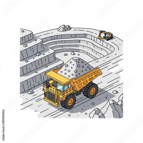 Heavy-duty mining dump truck carrying ore at a quarry.