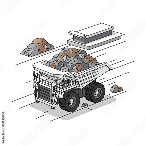 Heavy-duty mining dump truck loaded with rocks and minerals.