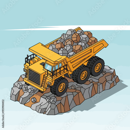 Heavy-duty mining dump truck loaded with rocks on a rocky terrain.