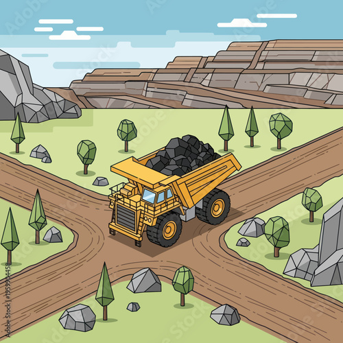 Heavy-duty mining dump truck loaded with coal.