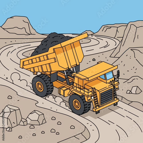 Heavy-duty mining dump truck transporting coal in an open-pit mine.