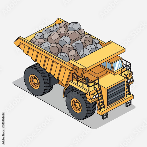 Heavy-duty mining dump truck loaded with rocks, isometric view.