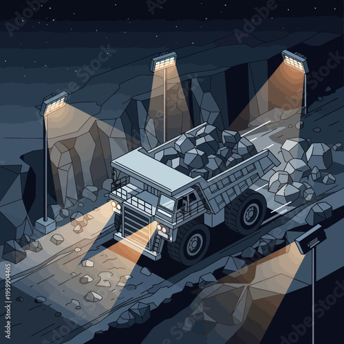 Heavy-duty mining dump truck transporting ore at night.