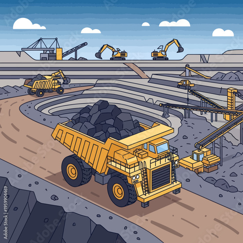 Heavy-duty mining dump truck transporting coal in an open-pit mine.