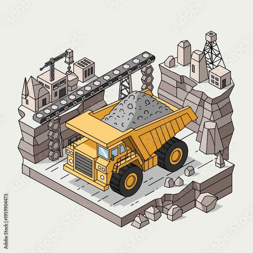 Heavy-duty mining dump truck transporting ore in an industrial setting.