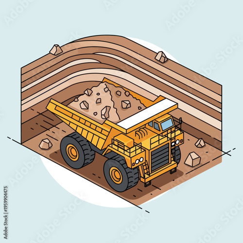Heavy-duty mining dump truck transporting ore in an open-pit mine.
