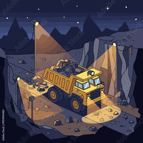 Heavy-duty mining dump truck transporting raw materials at night.