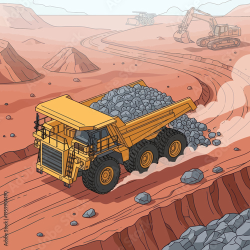 Heavy-duty mining dump truck transporting rocks in an open-pit mine.