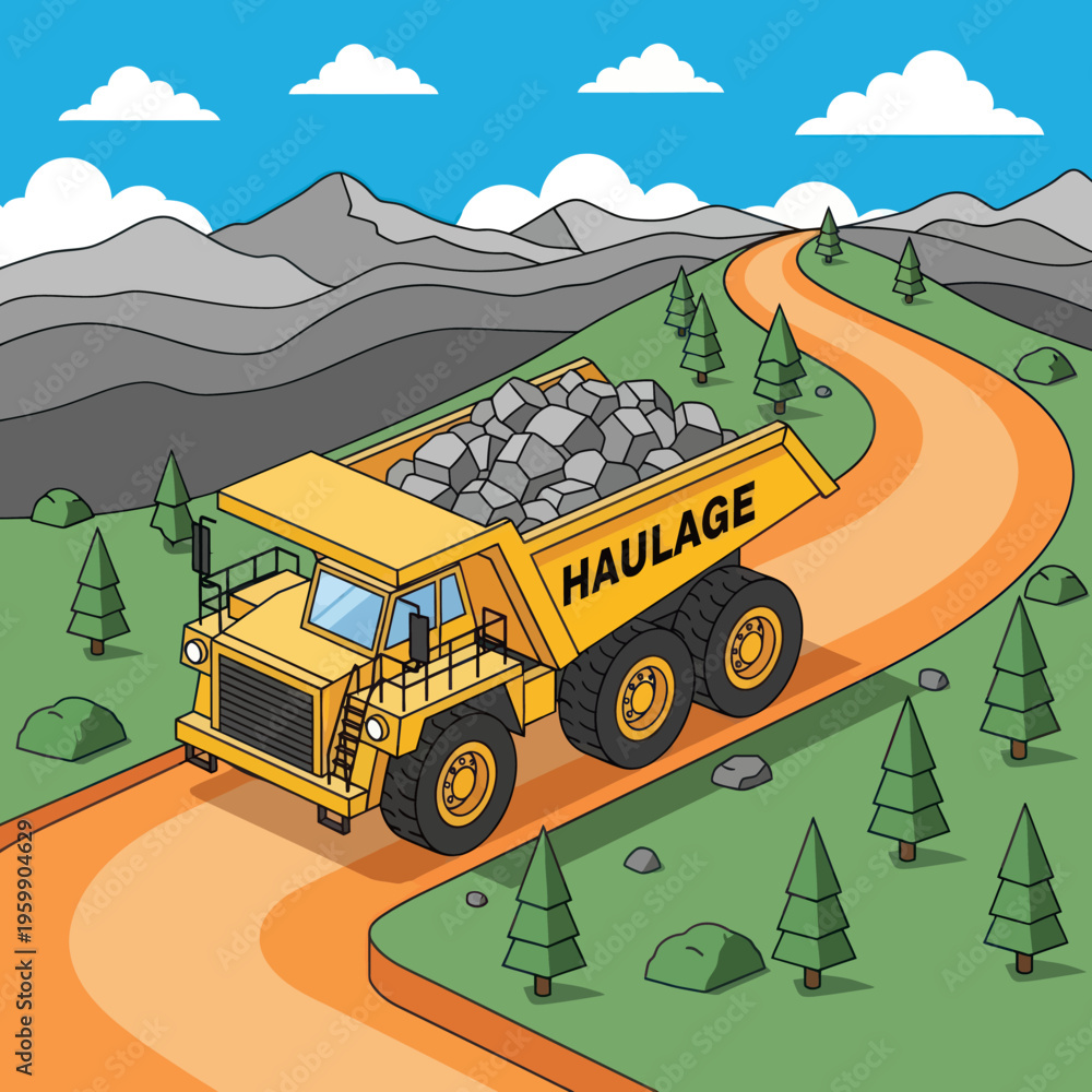 Fototapeta premium Large yellow haulage truck carrying rocks on a winding road.