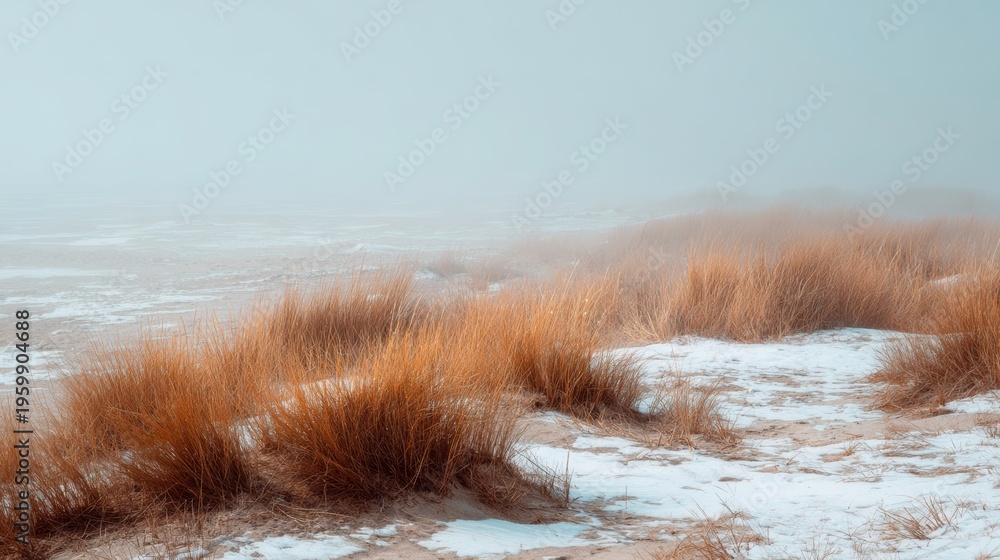 Fototapeta premium Spring snow ice thaw, end of Winter Season, hope, fresh start. A winter landscape with snowcovered grasses and a misty sky. The grasses are a mix of brown and white, contrasting with the white snow.