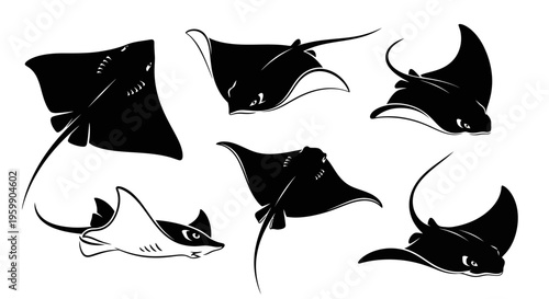 Set of stylized black and white illustrations of various manta rays and stingrays swimming