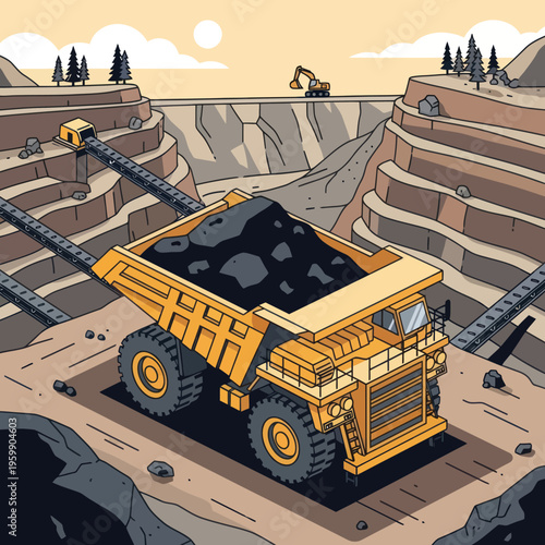 Large Mining Dump Truck Hauling Coal in Open Pit Mine.