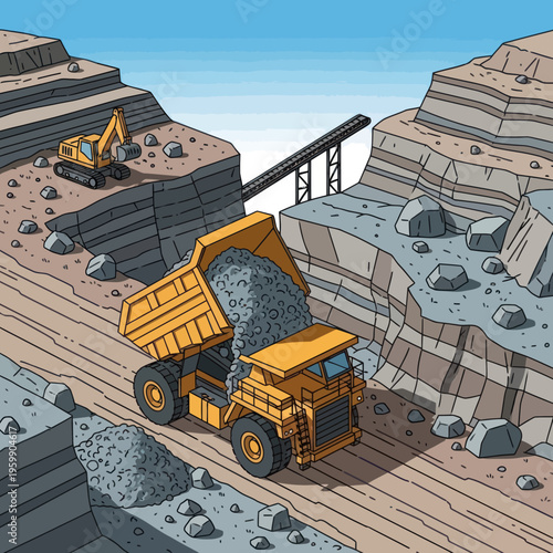 Large yellow dump truck carrying heavy load of rocks in a quarry.
