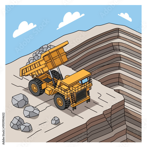 Large yellow dump truck hauling rocks at a mine site.