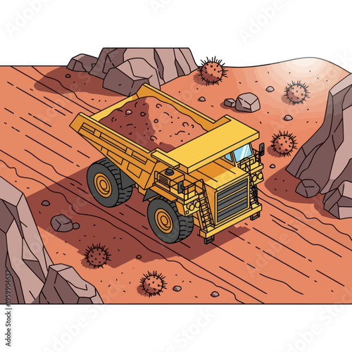 Large yellow dump truck driving on a dirt road.
