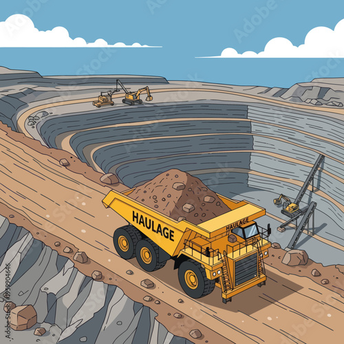 Massive Haulage Truck Carrying Ore at a Mine Site.