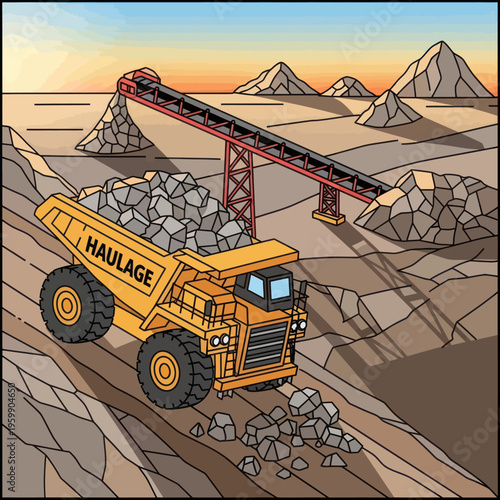 Massive Haulage Truck Transporting Rocks in an Open Pit Mine.