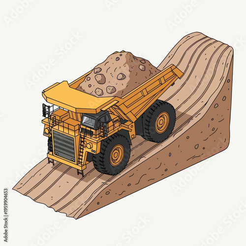 Massive Mining Dump Truck Hauling Earth Uphill.