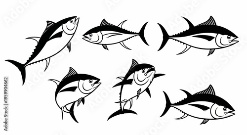 Set of Tuna Fish Illustrations, Black and White Line Art, Isolated on White Background