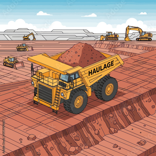 Massive Haulage Truck Loaded with Ore in Open Pit Mine.