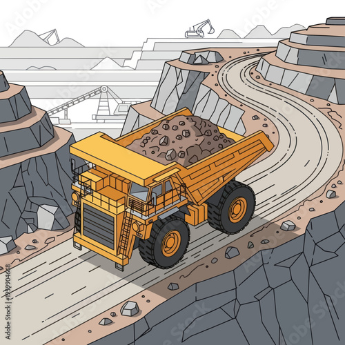 Massive yellow dump truck loaded with ore on a winding mine road.