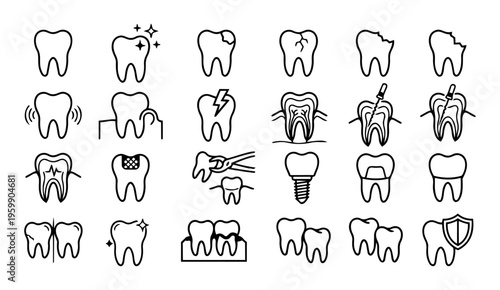 Dental Problems and Treatments Line Icons Set – Tooth Pain, Decay, Root Canal, Implant and Oral Care Outline Collection