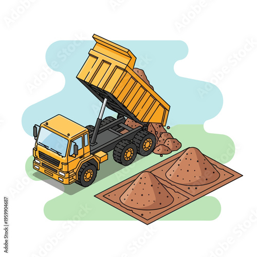 Yellow dump truck unloading sand at a construction site.