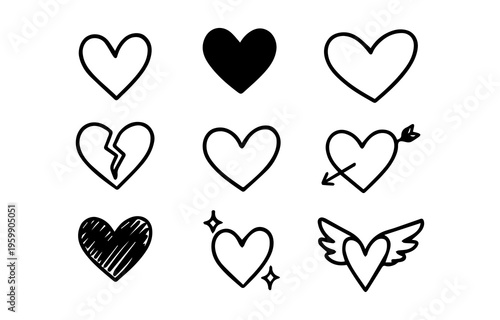 Hand Drawn Heart Doodle Set Vector, Love Heart Icons, Romantic Sketch Hearts, Cute Heart Clipart Collection, Valentine Elements, Hand Drawn Symbols, Decorative Love Shapes Pack