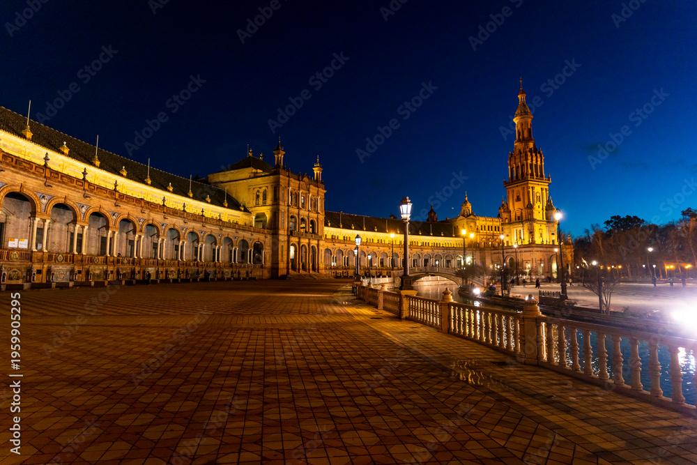 Fototapeta premium View of Plaza de España at night in Seville, Spain.