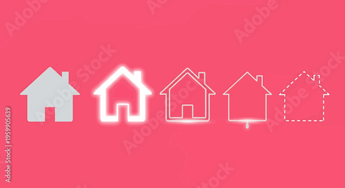 Five different house icons in white on a pink background