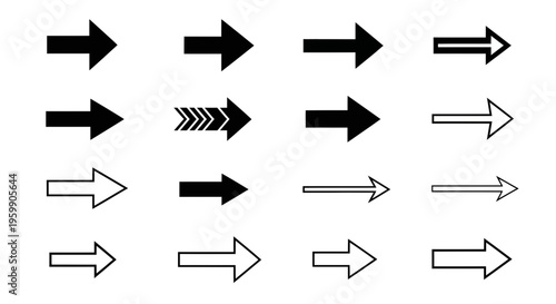 A collection of 15 different right pointing arrow symbols in various styles and designs