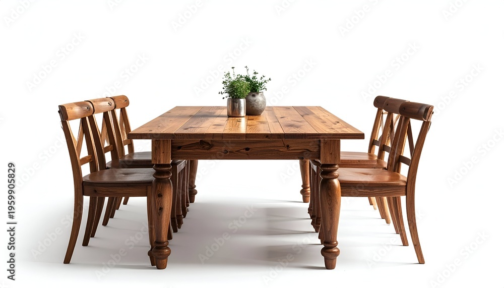 Fototapeta premium A solid wood dining set with a rectangular table and six matching chairs, arranged on a stark white background