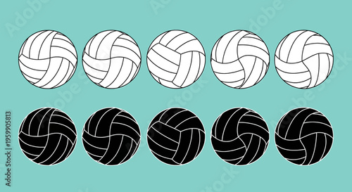 Set of white and black volleyball icons on a teal background