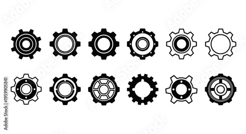 A collection of ten gear icons in various styles and designs
