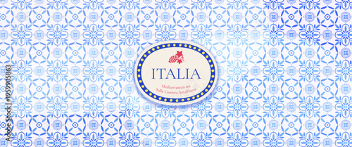 Mediterranean porcelain tile pattern aesthetic horizontal banner. Blue Italian mosaic design. Amalfi ceramic ornaments and Greek floral borders. Italian text translation: Italy, On the Amalfi coast.