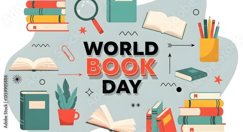 World book day celebration with books, stationery, and reading accessories on a light blue background