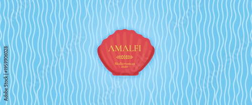 Amalfi nautical stripe pattern. Blue sea wave strips with abstract coastal paint wavy texture and marine shell. Italian summer horizontal banner with blue hand strokes and navy linen design.