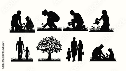 Family Planting and Growing: Silhouettes of Parents and Child Nurturing Nature and Spending Time Together