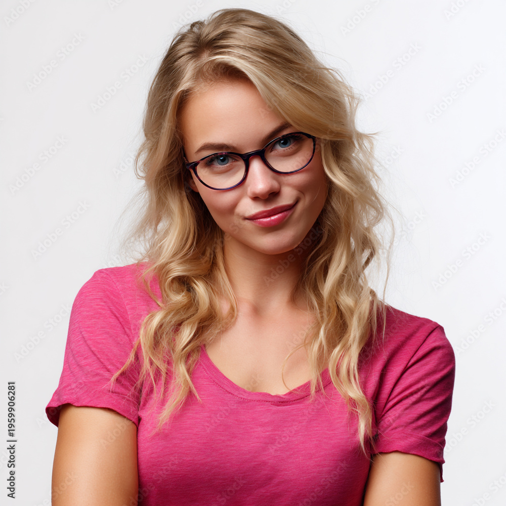 Fototapeta premium friendly nerdy blonde woman in rosepink tshirt on white background, smiling young blonde woman with friendly nerdy style isolated on white, cheerful blonde woman portrait in pink tshirt