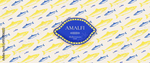 Sardine pattern. Amalfi Mediterranean fish illustration with blue lemon. Horizontal banner with retro Italian kitchen art, coastal seafood labels and vintage sea ornaments.