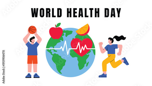 World health day illustration with globe heartbeat and active people promoting fitness nutrition wellness global healthcare awareness concept