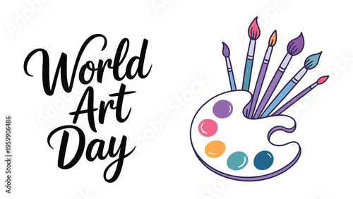 World art day illustration with paint palette and brushes creative typography design celebrating artistic expression colorful concept artwork