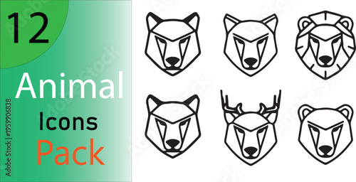 Geometric animal head icons, 12 animal icons pack in minimalist line art style, modern wildlife logo symbols for branding and web design