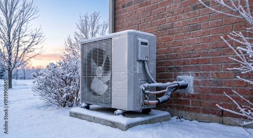 Foto Heat pump outdoor unit covered in frost and snow on winter morning