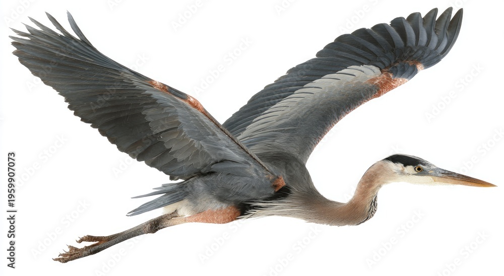 Fototapeta premium Graceful heron soaring through sky with wings spread in flight