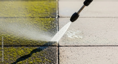 Pressure washer cleaning dirty mossy pavement tile. Worker washing paving stone terrace with high water jet. Outdoor maintenance service and spring backyard cleaning concept.